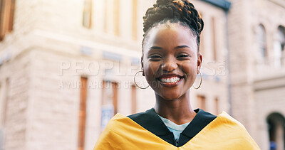 Buy stock photo Graduation, happy and portrait of student black woman on campus for college or university success. Education, smile and scholarship with African graduate outdoor for ceremony, event or milestone