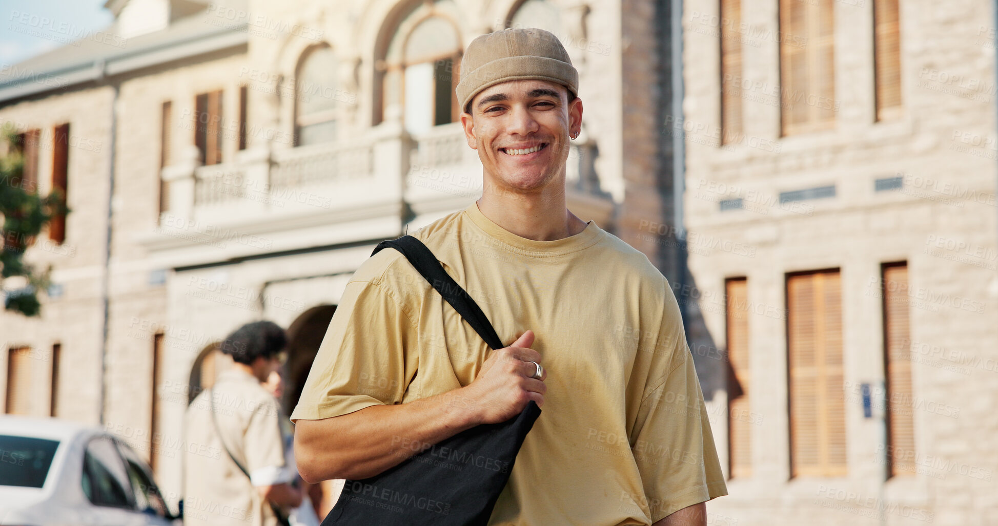 Buy stock photo Smile, student and portrait of man in college for education opportunity, scholarship program and happy. University thesis, study academy and learning with person outdoor on campus for knowledge