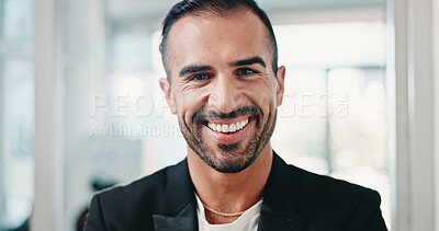 Buy stock photo Portrait, corporate and man with smile in office for career pride, about us and real estate. Happy, person and consultant with ambition for auction experience, resale listing and property development