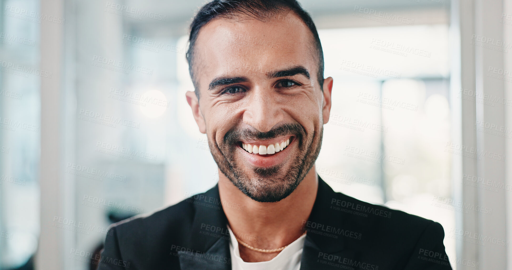 Buy stock photo Portrait, corporate and man with smile in office for career pride, about us and real estate. Happy, person and consultant with ambition for auction experience, resale listing and property development