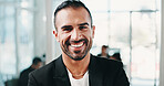 Happy, corporate and man with portrait in office for career pride, about us and real estate. Smile, person and consultant with ambition for auction experience, resale listing and property development