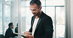 Tablet, happy and businessman in office with research for finance report with budget plan. Digital technology, pen and financial manager with email for feedback on investment proposal in workplace.