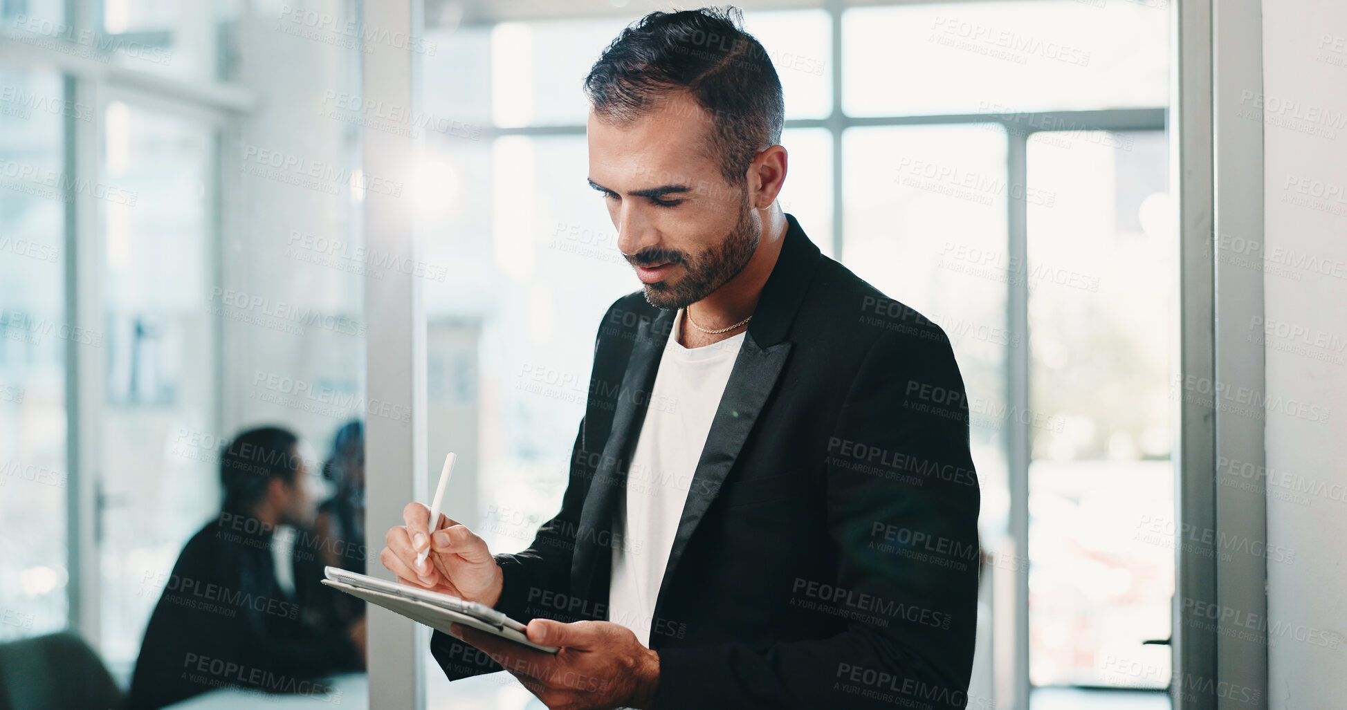 Buy stock photo Tablet, pen and businessman in office with research for finance report with company budget. Stylus, digital technology and financial manager with online email for investment proposal in workplace.