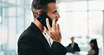 Phone call, networking and businessman in office with communication, contact or finance feedback. Tech, cellphone and male financial manager on mobile discussion for investment advice in workplace.