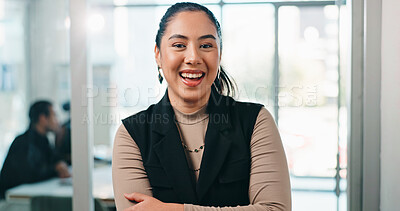 Buy stock photo Portrait, business and woman with smile in office for career pride, about us and real estate. Happy, consultant and arms crossed with ambition for auction, resale opportunity and property development