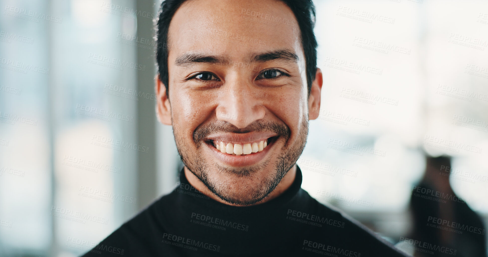 Buy stock photo Finance, portrait or Asian man in agency with smile, career or ambition as funding advisor. Happy, flare or investment consultant in workplace with pride, confidence or experience in risk management.
