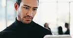 Business, finance and tablet with man in office boardroom for meeting, preparation or research. App, planning and reading with employee in financial workplace for investment or wealth management