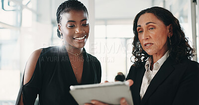 Buy stock photo Reading, feedback and women with tablet in office, trend research and investment opportunity proposal. Smile, manager and advisor with economic report for discussion, tech and review market indicator