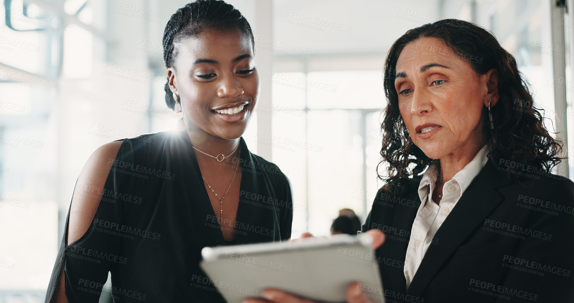 Buy stock photo Reading, feedback and women with tablet in office, trend research and investment opportunity proposal. Smile, manager and advisor with economic report for discussion, tech and review market indicator