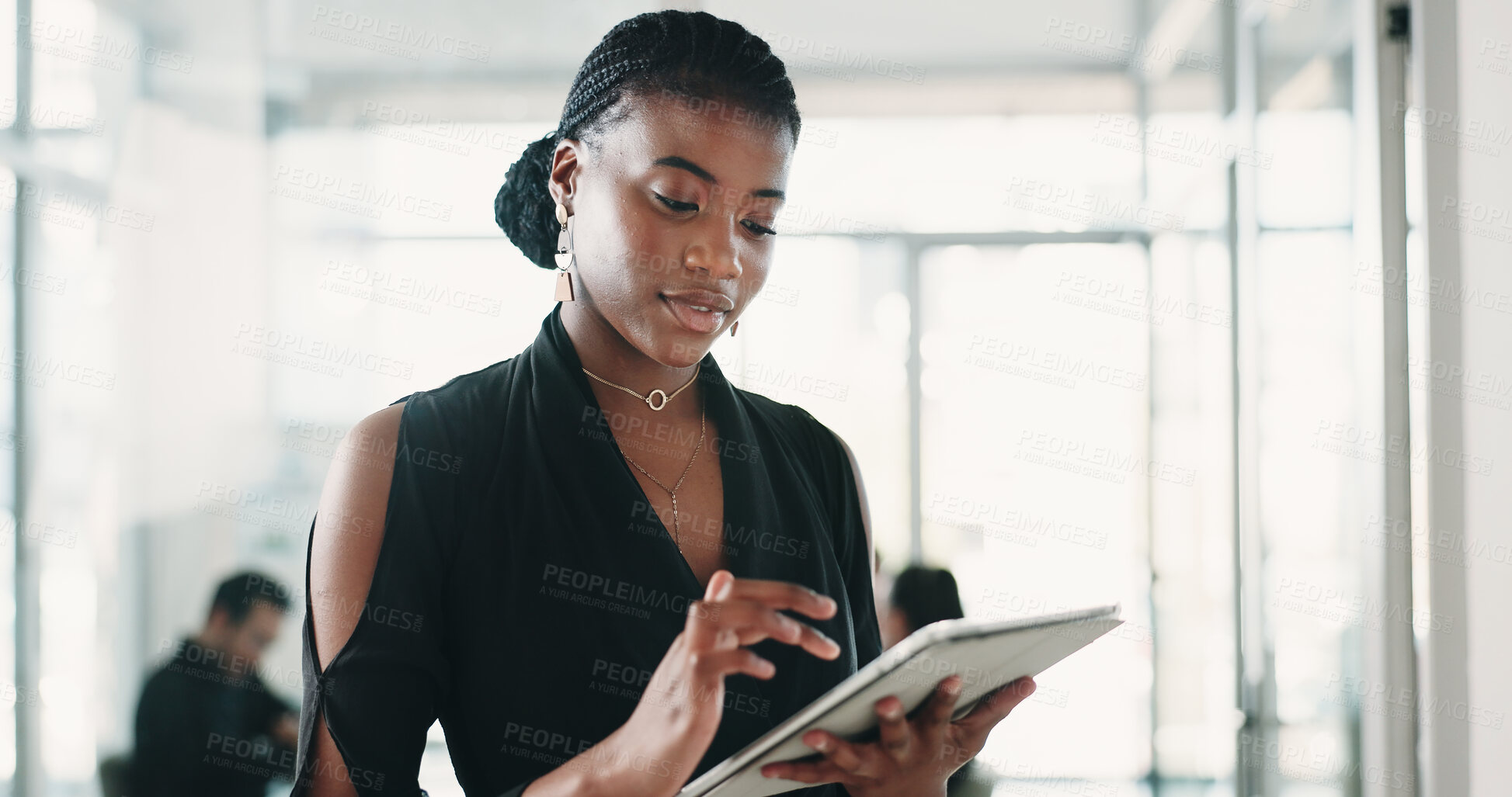 Buy stock photo Finance, reading and tablet with business woman in office boardroom for meeting or research. App, planning and scrolling with employee in financial workplace for investment or wealth management