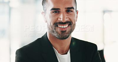 Buy stock photo Finance, portrait or man in firm with happiness, career or ambition as funding advisor. Flare, smile or investment consultant in office with about us, confidence or experience in risk management.