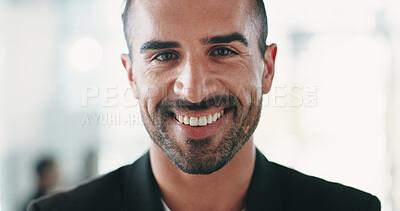 Buy stock photo Finance, portrait or man in workplace with happiness, career or ambition as funding advisor. Space, smile or investment consultant in office with about us, confidence or experience in risk management