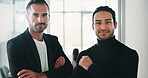 Portrait, business and men with confidence in office for career pride, about us and real estate. Smile, people and realtor team with ambition for auction opportunity, listing and property development