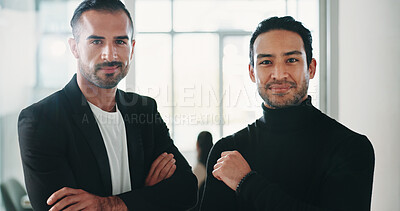 Buy stock photo Portrait, business and men with confidence in office for career pride, about us and real estate. Smile, people and realtor team with ambition for auction opportunity, listing and property development