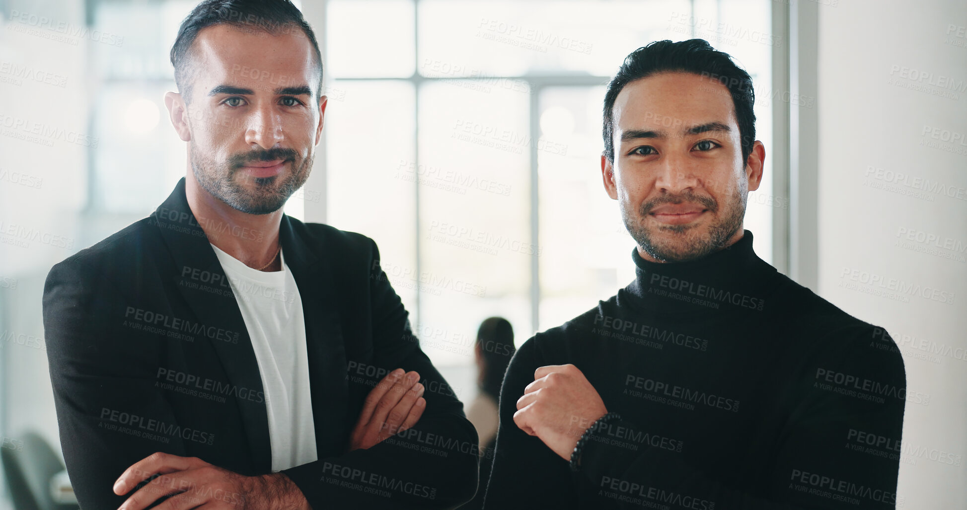 Buy stock photo Portrait, business and men with confidence in office for career pride, about us and real estate. Smile, people and realtor team with ambition for auction opportunity, listing and property development