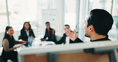 Buy stock photo Finance, meeting and whiteboard with business man teaching colleagues in office boardroom. Coaching, development and presentation with employee team in financial workshop for wealth management