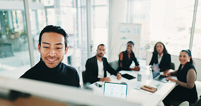 Buy stock photo Coaching, finance and presentation with business man teaching colleagues in office boardroom. Development, meeting and whiteboard with employee team in financial workshop for wealth management