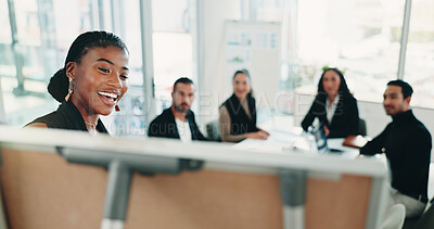 Buy stock photo Finance, meeting and presentation with business woman teaching colleagues in office boardroom. Coaching, development and whiteboard with happy employee in financial workshop for wealth management