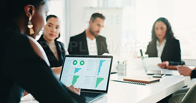 Buy stock photo Accounting, woman and business people with laptop, analysis and manager for graphs discussion. Meeting, teamwork and communication with screen, growth strategy or project report for finance in office