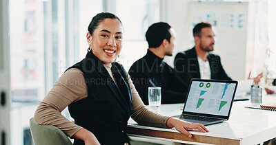 Buy stock photo Finance, laptop screen and portrait of accountant woman in boardroom for meeting or teamwork. Computer, smile and statistics with financial employee in workplace for review of charts or graphs