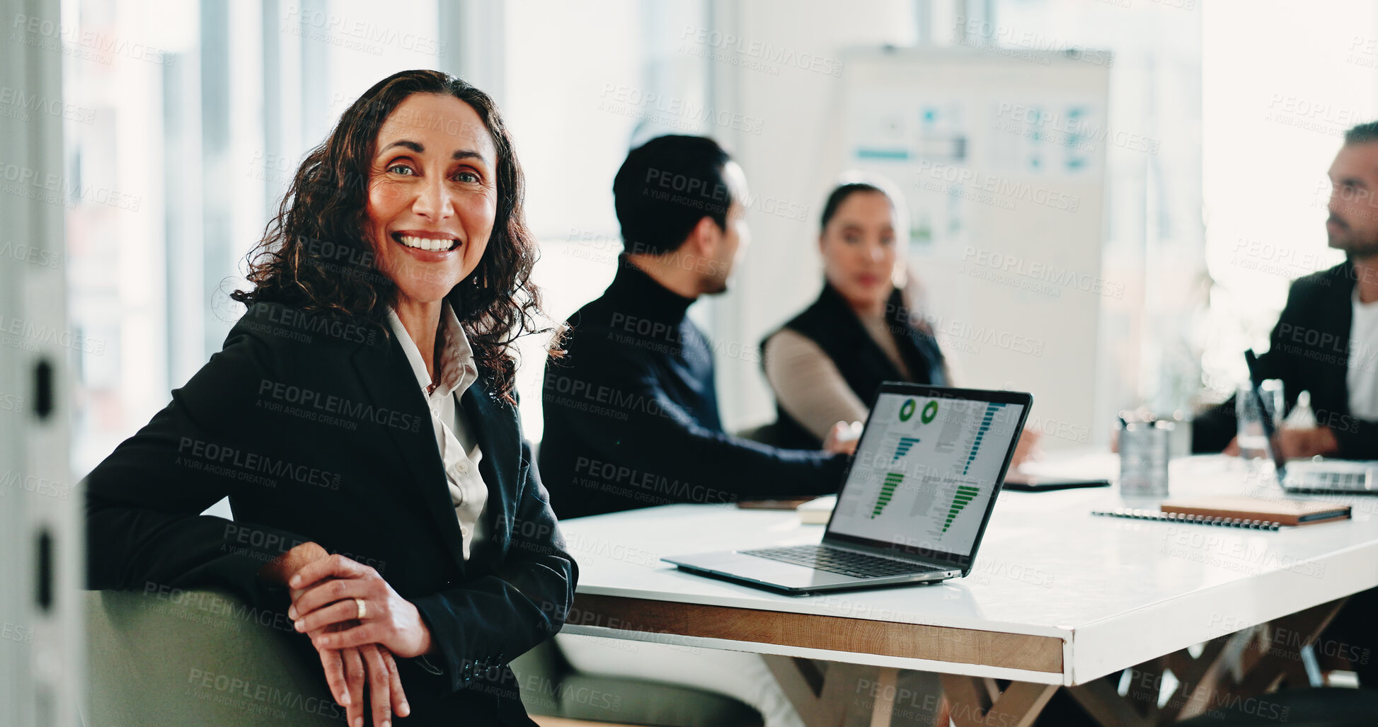 Buy stock photo Laptop screen, management and portrait of financial woman in boardroom for meeting or teamwork. Computer, data and smile of mature employee in workplace for review of finance charts or graphs