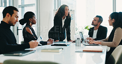 Buy stock photo Finance, woman and business people with presentation, meeting and manager for discussion. Group, teamwork and communication with tech, growth strategy or project report for accounting in office