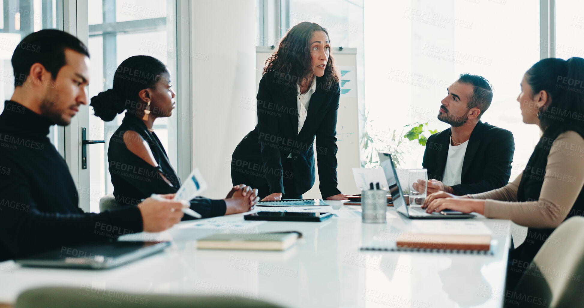 Buy stock photo Finance, woman and business people with presentation, meeting and manager for discussion. Group, teamwork and communication with tech, growth strategy or project report for accounting in office