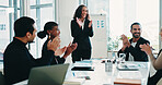 Presentation, applause and business people in office for discussion on company budget planning. Clapping, team and financial advisors with manager for positive feedback on investment in workplace.