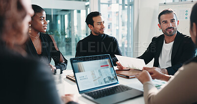 Buy stock photo Proposal, screen and business people with laptop, analysis and manager for graphs discussion. Meeting, teamwork and communication with tech, growth strategy or project report for finance in office