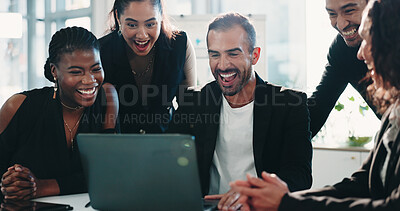 Buy stock photo Finance, laptop and surprise with business people in office together for collaboration or meeting. Computer, planning and smile with excited employee team in financial workplace for risk management