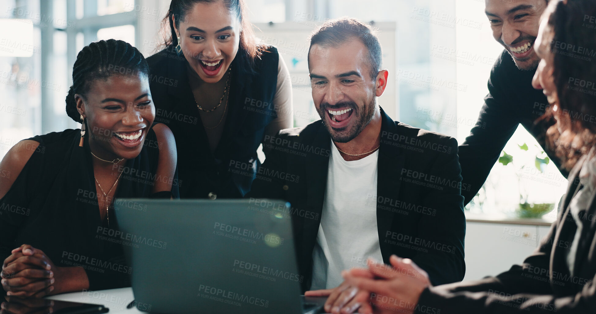Buy stock photo Finance, laptop and surprise with business people in office together for collaboration or meeting. Computer, planning and smile with excited employee team in financial workplace for risk management