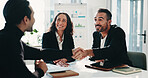 Happy, business people and meeting with handshake in office for agreement, deal or recruiting. Group, employees or colleagues shaking hands with smile for teamwork, onboarding or hiring in workplace