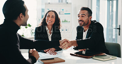 Buy stock photo Happy, business people and meeting with handshake in office for agreement, deal or recruiting. Group, employees or colleagues shaking hands with smile for teamwork, onboarding or hiring in workplace