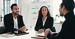 Recruitment, meeting or business people with discussion in boardroom, finance agency or hiring process. Smile, talk or hr management team with candidate for interview, analyst vacancy or headhunting