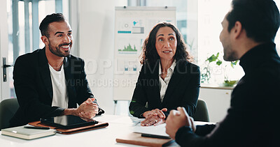 Buy stock photo Recruitment, meeting or business people with discussion in boardroom, finance agency or hiring process. Smile, talk or hr management team with candidate for interview, analyst vacancy or headhunting