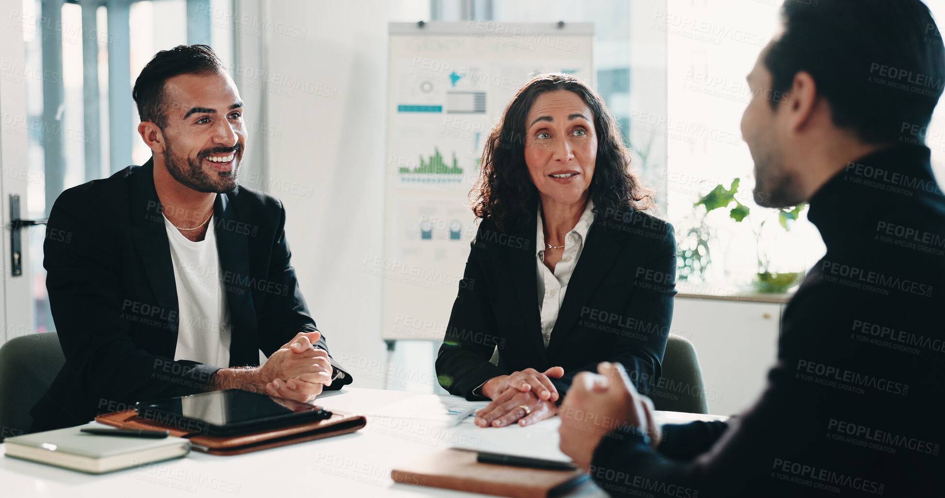 Buy stock photo Recruitment, meeting or business people with discussion in boardroom, finance agency or hiring process. Smile, talk or hr management team with candidate for interview, analyst vacancy or headhunting