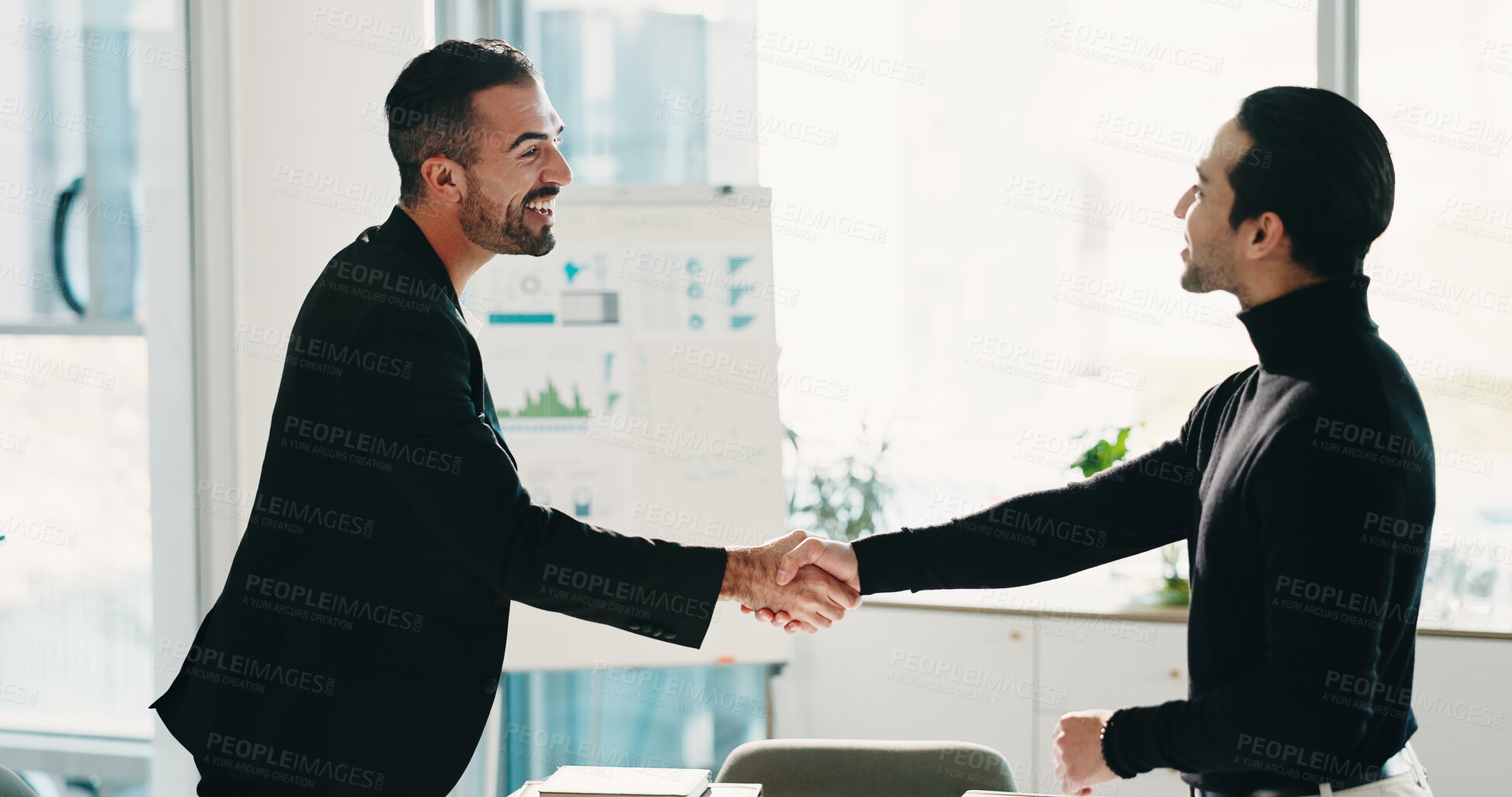 Buy stock photo Business, office or handshake with men for deal, financial partnership or acquisition with agreement. Smile, people and shaking hands for collaboration in company, b2b investment or corporate merger