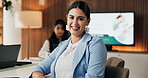 Portrait, trader and woman in office, happiness and career ambition for company increase. Professional, financial advisor or person in workplace, smile or about us with success or risk management
