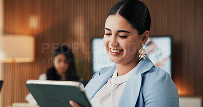 Buy stock photo Happy, investor and woman in office, tablet for investment deal and online reading. Person, financial advisor and corporate professional in workplace, tech and email for trading portfolio and smile
