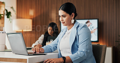 Buy stock photo Business, woman and scroll with laptop in office for equity report, market research and client email. Staff, financial analyst and tech for reading industry trends, monitor performance and SEC filing