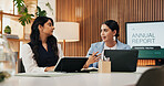 Talk, tablet and meeting with business woman in office for venture capitalist, advisor or planning. Investment growth, financial strategist and fund manager with person in boardroom for annual report