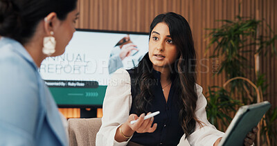 Buy stock photo Annual report, business and women in meeting, tablet for economy info and conversation. Employees, accounting and people in office, tech and email for audit review, talking or app for budget proposal