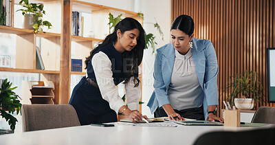 Buy stock photo Accountant, documents and women in meeting, tablet for audit review and conversation. People, employees and professional in office, teamwork or tech for budget proposal, discussion or profit increase