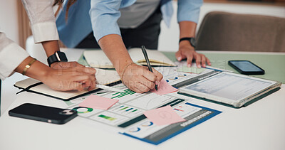 Buy stock photo Hands, documents and women in office, investor and charts for profit increase. Employees, planning and people in meeting, teamwork and graphs for investment growth, financial revenue and trading info