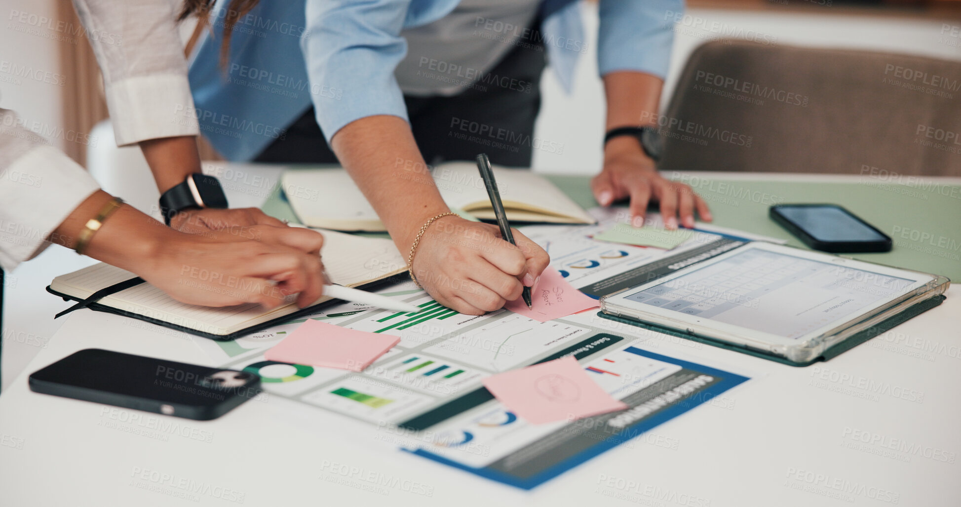 Buy stock photo Hands, documents and women in office, investor and charts for profit increase. Employees, planning and people in meeting, teamwork and graphs for investment growth, financial revenue and trading info