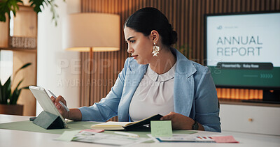 Buy stock photo Notebook, woman and reading tablet in office for stock price info, data comparison and forecasting. Financial analyst, tech and budget review at desk for annual report, monitor performance and stats