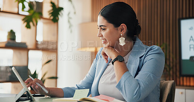 Buy stock photo Tablet, reading and woman in workplace, smile and economy info for profit increase. Connection, corporate professional and happy person in office, tech and email for income review and company audit