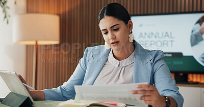 Buy stock photo Tablet, reading and woman in office, documents and economy info for profit increase. Serious face, corporate professional and person in workplace, tech and email for income review and audit report