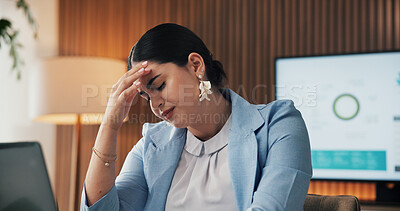 Buy stock photo Stress, woman and headache with laptop in office for data mistake, system failure or deadline. Graphs, financial analyst and migraine with tech for metrics inconsistency, workload pressure or burnout