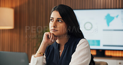 Buy stock photo Thinking, investor and woman in office, decision for investment opportunity and solution. Professional, person and financial advisor in workplace, problem solving for audit review and reflection